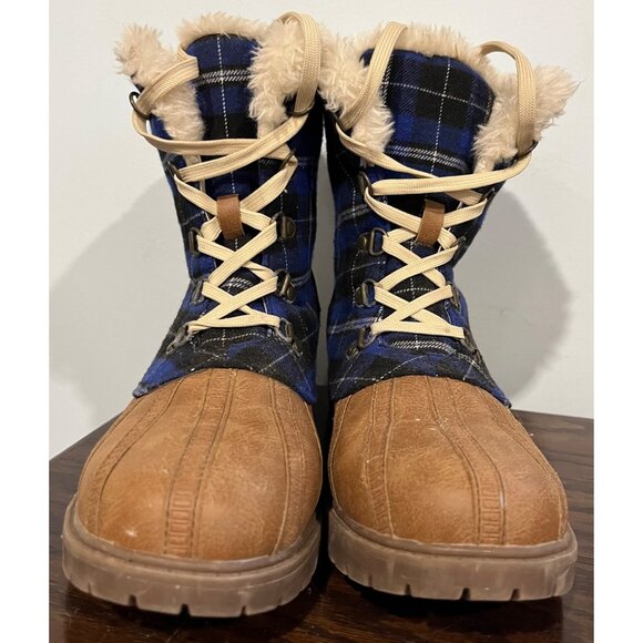 Plaid Lace-Up Winter Duck Boots w/ Faux Fur Lining Size 9 Brown & Blue - Picture 3 of 9